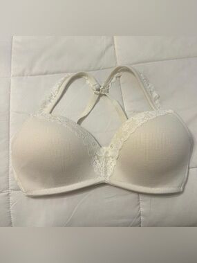 aerie Wireless White Lace-Trim Convertible Ribbed Bra Size 32DD